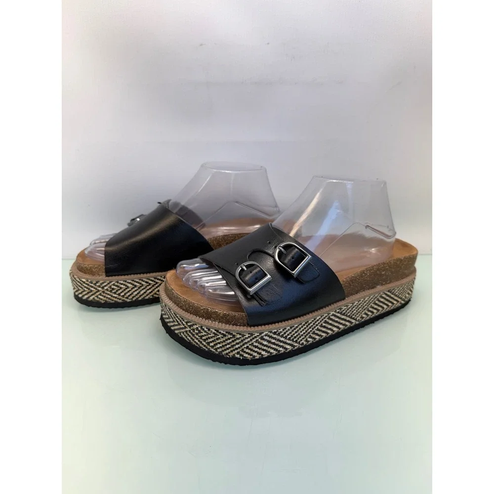 NOBO Double Buckle Platform Slide Sandals Black Boho Flatform Comfort Slides Sz7
